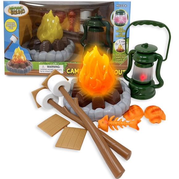 Nature Bound – Ensemble de camping pour enfants avec feu de camp lumineux – Coffret de jeu avec lumières pour aventures intérieures et extérieures – S’mores factices, lanterne et accessoires