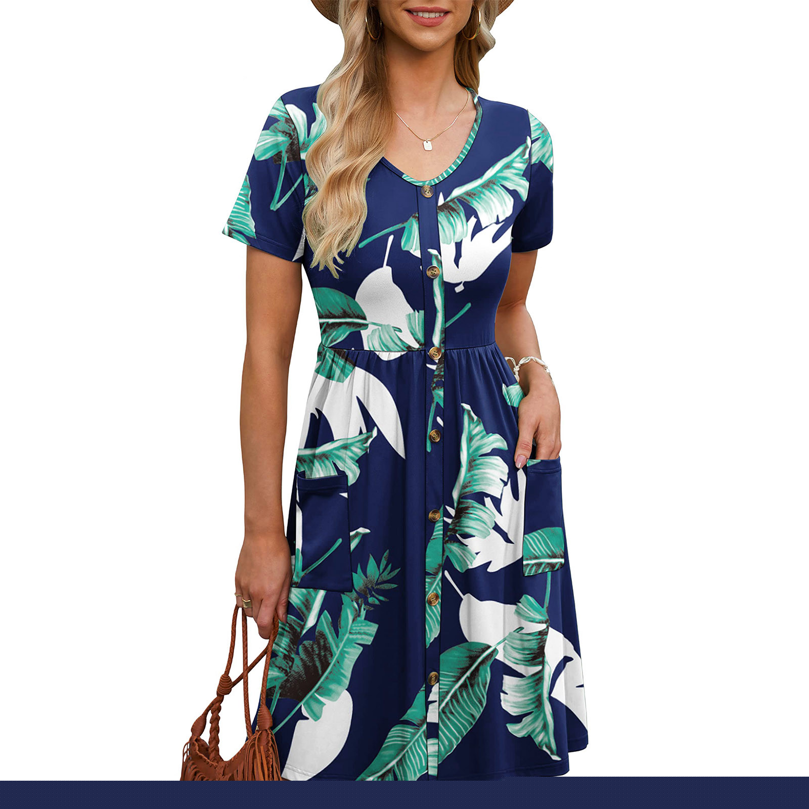 thumbnail image 3 of Birdeem Robe Femme Décontractée Aguichant Mode Été Manches Courtes Ample Imprimée Ajustée Poche Boutons Col en V, 3 of 8