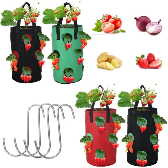4 Pcs Upside Down Strawberry Planters with Hooks, 12 Planting Holes Planters for Strawberry Bare Root Plants