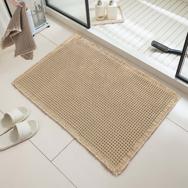 Waffle Bath Runner, Upgraded Waffle Runner Rug, Non Slip Washable Drying Boho Bathroom Bath Mat with Tassels for Hallway Shower Entry Farmhouse Home Decor, Double-Sided Use (Beige, 20*32in)