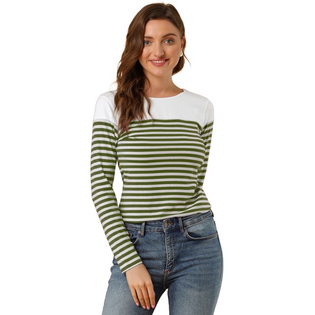 INSPIRE CHIC T-Shirt Rayé à Manches Longues à Blocs de Couleur d'Halloween pour Femme Grand Vert Armée