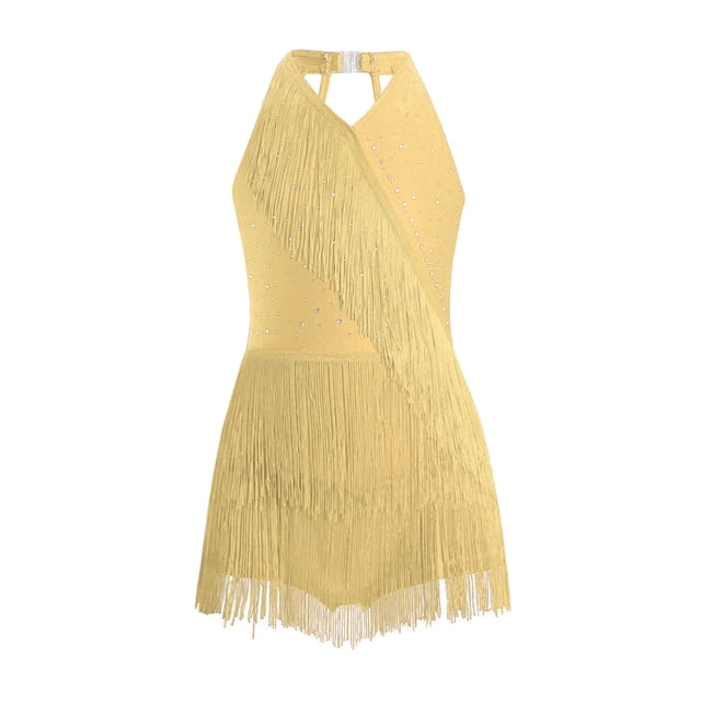 Ocealan Robe de Danse Latine Jazz pour Filles Enfants Costume de Danse Tango Rumba Samba Brillant Justaucorps à Franges Jaune 6