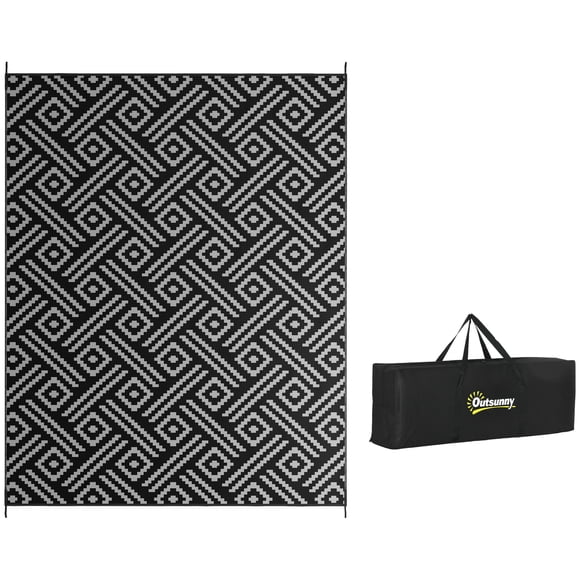 Outsunny Waterproof Outdoor Rug with Carry Bag, Black and Grey Geometric, 9' x 12'