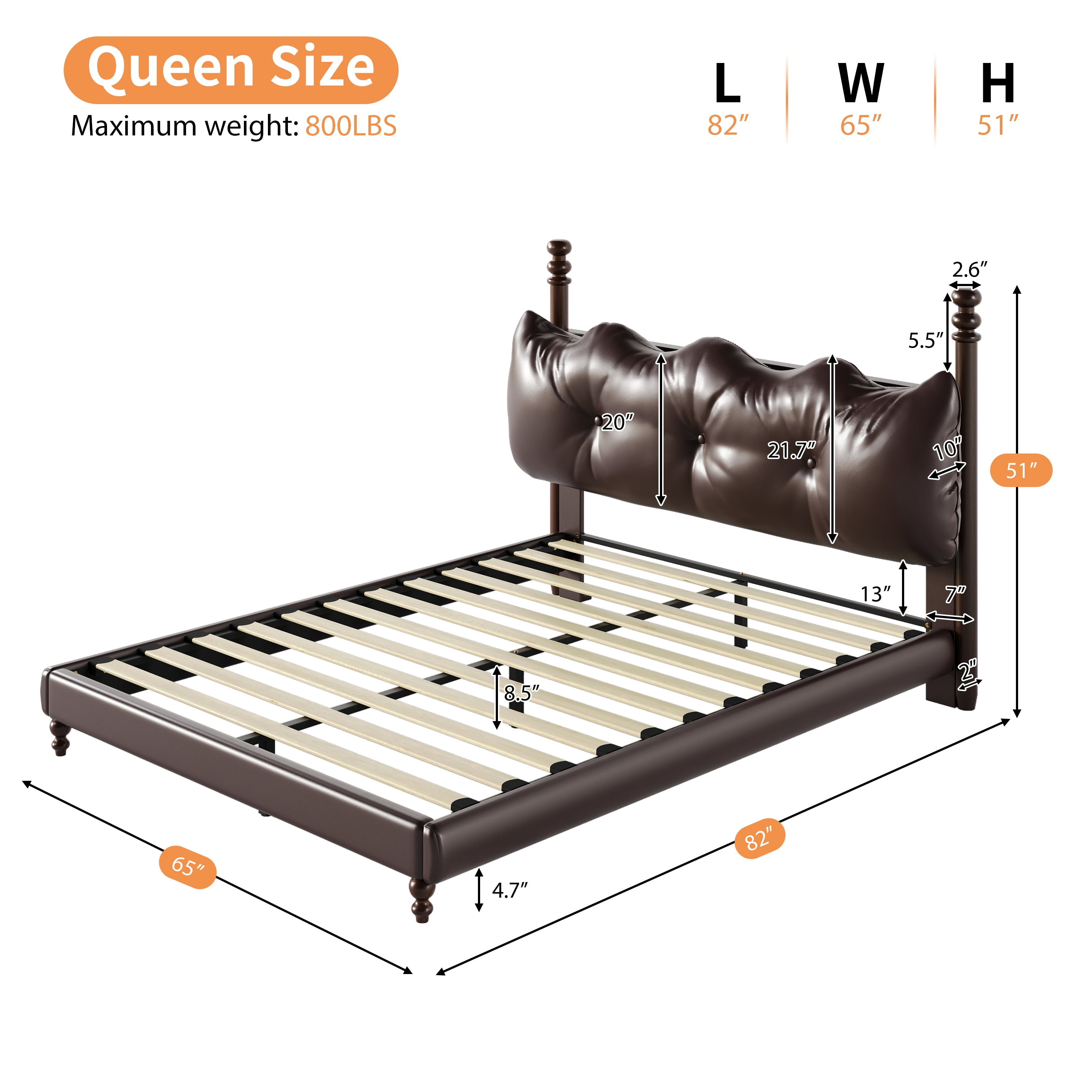 Noble House Lit Plateforme Grand Rembourré avec Tête de Lit, Cadre de Lit en Cuir PU avec Poteaux en Bois, Brun