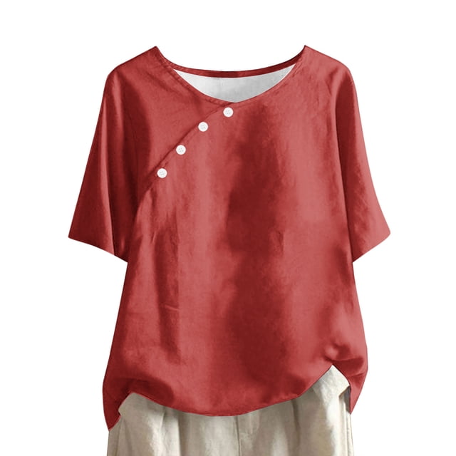 Yuyuzo Hauts Grande Taille pour Femmes Col Rond T-Shirts à Boutons Été Manches Mi-Longues Décontractés Coupe Ample Hauts