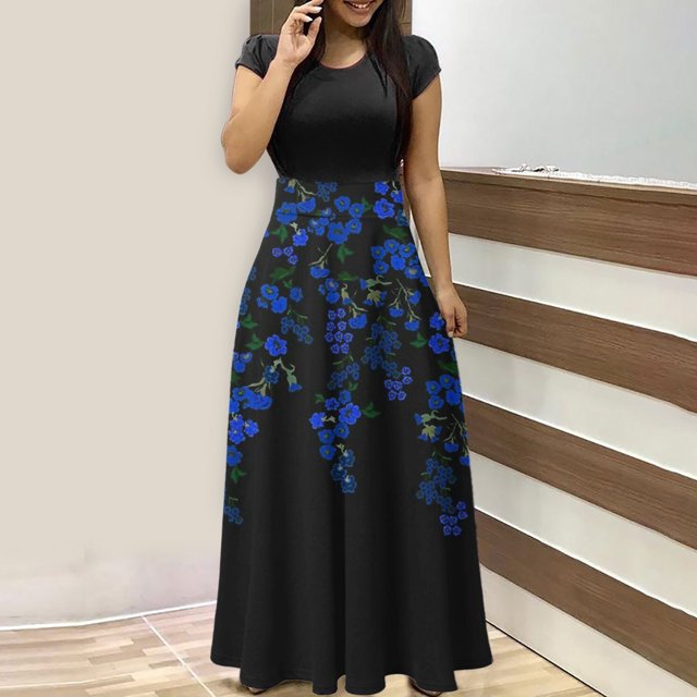 SMihono Robe Maxi Bohème d'Été pour Femmes Grande Taille Robe d'Été Colorée à Imprimé Floral pour Femmes Robes à Manches Courtes Robe Maxi Décontractée de Plage Robe Évasée de Plage