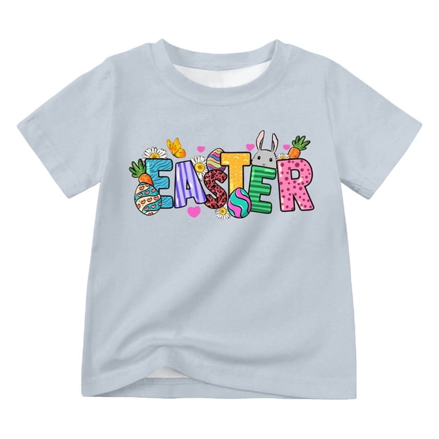 MIASHUI T-Shirt de Pâques pour Garçon et Fille, Manches Courtes, Imprimé Graphique, Gris, 8-9 Ans