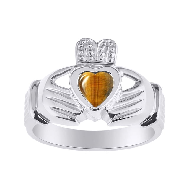 RYLOS Rings Sterling Silver Claddah Love, Loyalty & Friendship Heart 6MM Gem Irish Wedding Band Claddagh Rings November Tiger Eye Jewelry Size 6