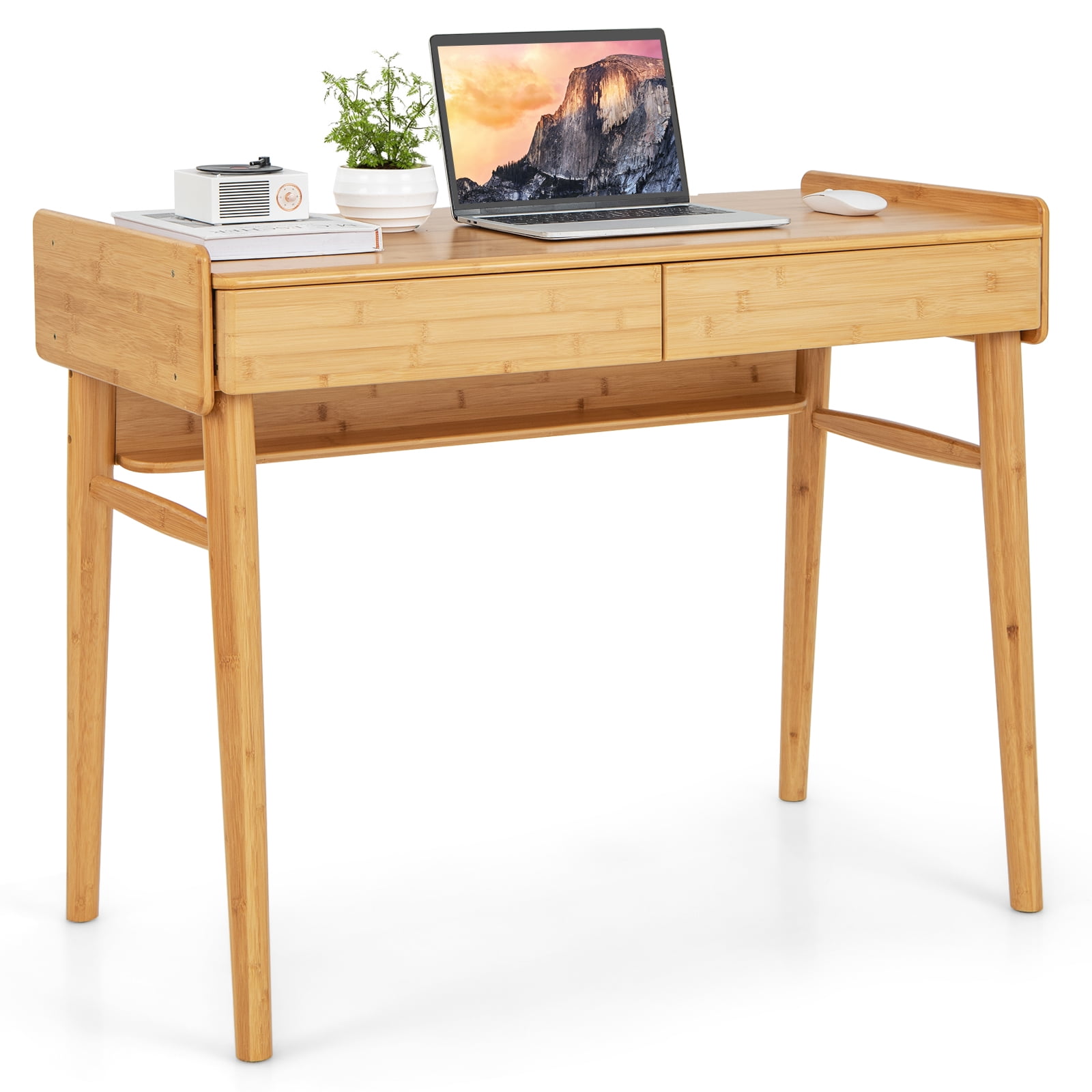 Patiojoy 39.5" Bamboo Computer Desk Study Writing Desk with 2 Pull-Out Drawers Shelf & Cable Management Groove
