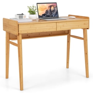 Patiojoy 39.5" Bureau d'étude en bambou avec 2 Étagère pour tiroirs à ressort & Gestion des câbles Groove