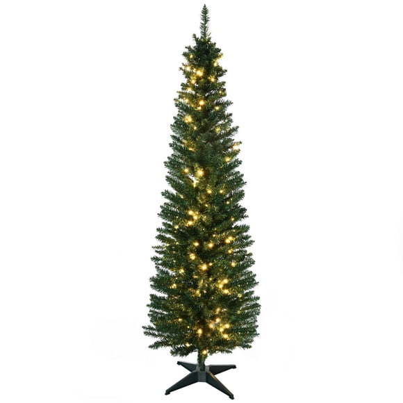 HOMCOM 6 FT Pre-Lit Noble Fir Slim Artificial Christmas Tree with 390 Tips and 200 Warm White LED Lights