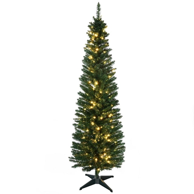 HOMCOM 6 FT Pre-Lit Noble Fir Slim Artificial Christmas Tree with 390 Tips and 200 Warm White LED Lights, a 6-foot tall slim artificial tree with dense green noble fir branches and 200 warm white LED lights evenly distributed, standing on a black plastic four-legged base, suitable for small spaces and holiday decoration.