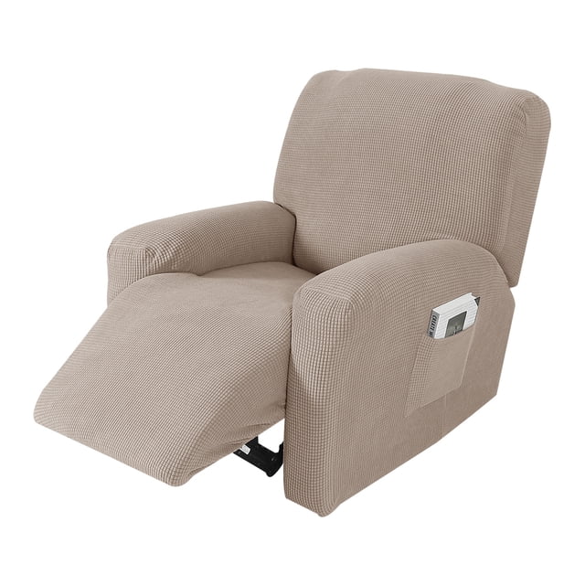 Amdohai Housse de Fauteuil Inclinable Extensible en 4 Pcs Séparées en beige, Idéale pour la Déco de la Maison et la protection des Fauteuils Inclinables. l'Ensemble Comprend Deux Housses d'Accoudoirs, une Housse de Siège Central et une Housse de Dossier Central, Fabriqué en Matériau Doux et Élastique en polyester et Polyuréthane. le Tissu beige Texturé Sculpte la Forme de la Chaise, Offrant une protection contre les Taches, les Déchirures et les Dommages d'Animaux. le Fauteuil Inclinable Est Montré Entièrement Étendu avec un Détail de Poche sur l'Accoudoir pour une Fonctionnalité Accrue.