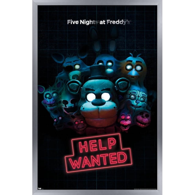 Five Nights at Freddy's - Affiche Murale « Help Wanted », 22,375 Po x 34 Po, Présentant des Personnages Animatroniques aux Yeux Lumineux du Jeu sur un Fond à Grille Sombre avec un Panneau « Help Wanted » Néon Rouge, Imprimée sur Papier Lustré avec Supports Adhésifs pour une Suspension Facile, Convient pour Décorer des Chambres, des Bureaux Ou des Espaces de Jeu.