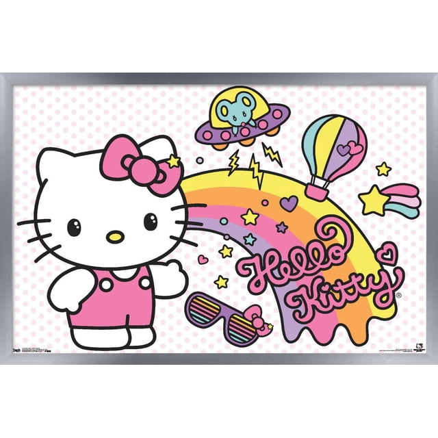 Hello Kitty - Affiche Murale Rétro Arc-en-Ciel, 14,725 Pouces x 22,375 Pouces art Mural Encadré Mettant en Vedette Hello Kitty en Salopettes Roses avec un Nœud Rose, un Arc-en-Ciel Multicolore avec des Étoiles, des Cœurs, une Montgolfière, une Souris dans un Ovni, et des Lunettes de Soleil à Rayures Arc-en-Ciel sur un Fond à Pois Rose Pâle, Convient pour Décorer des Chambres, des Bureaux Ou des Résidences Étudiantes.