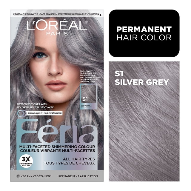 Oréal Paris Feria L' Teinture Capillaire Permanente en Teinte Gris Argenté S1 avec Couleur Chatoyante Multifacettes et Mèches 3X, Convient à Tous les types de Cheveux, avec Revitalisant Complexe de Liaison pour une Couleur de Cheveux Gris Argenté Vibrante et Permanente.