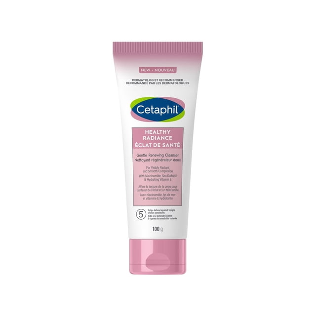 Healthy Radiance Nettoyant Doux et Régénérant par Cetaphil, un tube de 100 g Blanc et Rose avec Capuchon Rabattable, Infusé de niacinamide, de Jonquille de Mer et de Vitamine E Hydratante, Exfolie en Douceur et Affine la texture de la Peau pour un Teint Lisse et Éclatant, Recommandé par les Dermatologues pour les Soins de la Peau Sensible.
