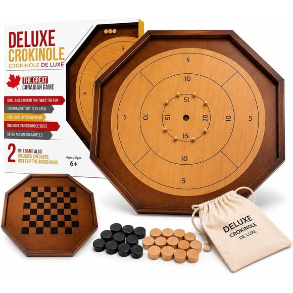 Tradeopia Wooden Crokinole Board Game Set, 2-in-1 Reversible Checkers Board with 26 Discs, Family Tabletop Game