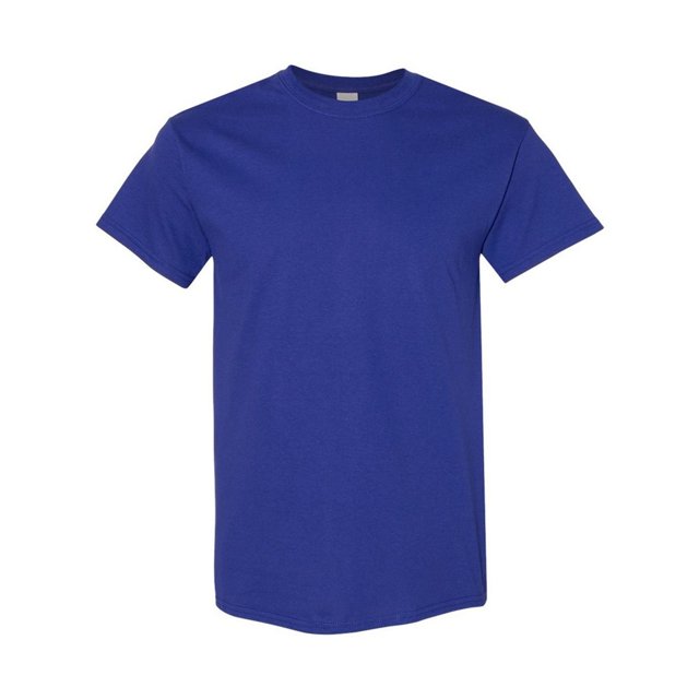 Gildan Mens Heavy Cotton T-Shirt in a plain design, displayed in a vibrant blue color. This men's casual t-shirt features a crew neckline with ribbed and taped detailing, short sleeves, and a regular length tubular fit. Made from 100% heavyweight cotton with twin needle stitching on the hem and sleeves for durability. Certified sustainable with WRAP, Oeko-Tex Standard 100, and Fair Labor Association compliance.