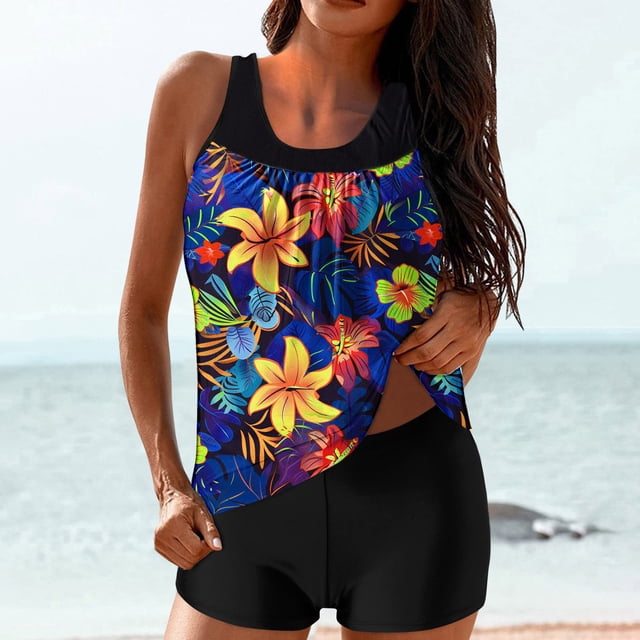 UPPADA Two Piece Tankini Swimsuits for Women High Waisted 2 Piece Bathing Suits Floral Print Tankini Set Tummy Control Modest Swimwear for Holiday Womens Tankini Tops Built In Bra Multicolor,S