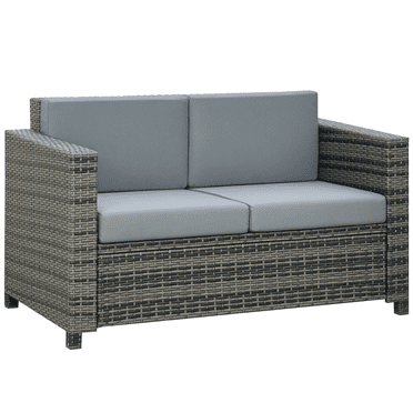 Outsunny 2 Seat Patio Loveseat Deluxe Wicker Sofa Chair, Grey