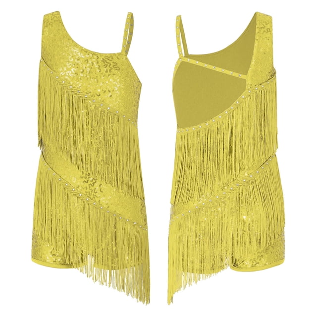Mufeng Vêtements de Danse Latine Rumba pour Grandes Filles Justaucorps de Jazz Moderne Compétition Samba Tango Robe de Danse à Franges Or 16