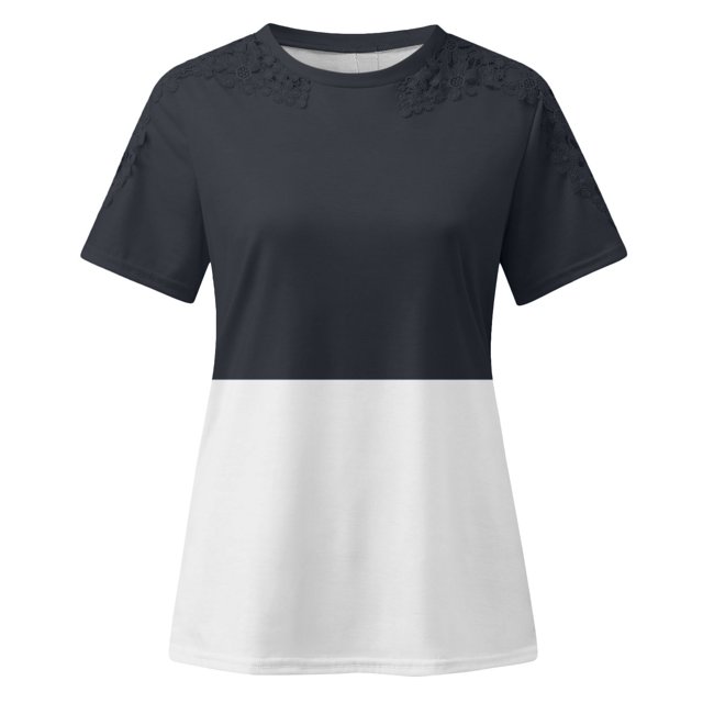 TopLLC Women's Short Sleeve Plus Size Tops Crewneck T Shirt Loose Fit Lace Stitching Shirts Solid Hollow Out Ruffle Tunic Tops