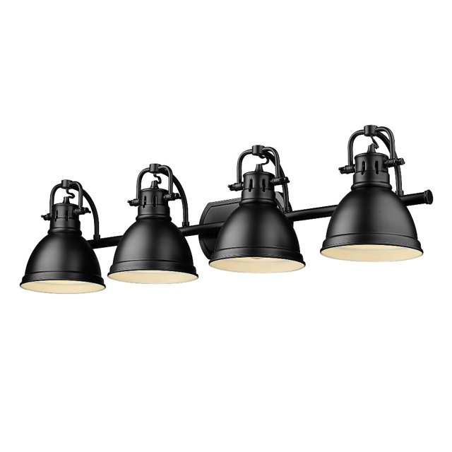 Golden Lighting Duncan 4 Light Bath Vanity in matte black finish, featuring a contemporary industrial design. This wall-mounted fixture includes four metal shades, each with a matte black exterior, and is constructed from durable steel. Measuring 33.5 inches wide and 8.5 inches tall, it is damp-rated and suitable for bathroom use. The fixture supports four 100-watt dimmable incandescent bulbs, offering versatile lighting options. The backplate measures 4.38 inches wide and 8.13 inches long, ensuring secure installation.