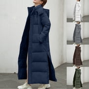 Nfurl Womens Long Puffer Coats with Hood Trendy Side Split Hem Ankle Length Parka Coats Warm Solid Zip Up Down Jacket Winter Coat Army Green S