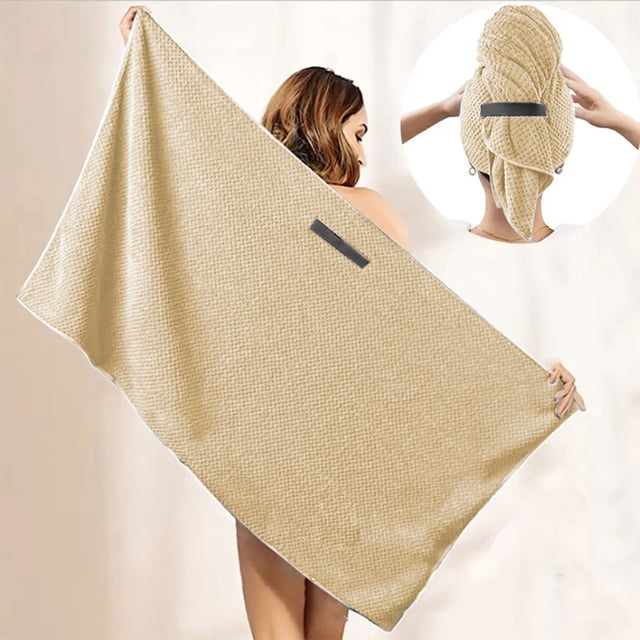 TopLLC Microfiber Hair Towel Wrap in khaki color, designed for fast drying of wet hair, including long, thick, and curly hair. Features an elastic strap for secure fit, super absorbent microfiber material, and frizz reduction benefits. Lightweight and durable, suitable for daily use, travel, and as a hair turban.