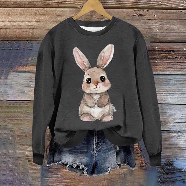Penkiiy Chemises de Pâques pour Femmes 2024 Manches Longues Mignon Lapin Col Rond Chandail en Molleton Graphique Lapin Décontracté Été Blouse Tunique Hauts m Gris