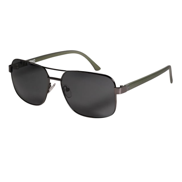 Buffalo Jeans B0022SDGN Lunettes de Soleil avec Monture Rectangulaire en Métal Ultra-Mince Couleur Canon Noir Brillant, Verres en polycarbonate Fumé et Branches en polycarbonate Vert Cristal Mat, Plaquettes de Nez en silicone Ajustables et Charnières Métalliques standard.