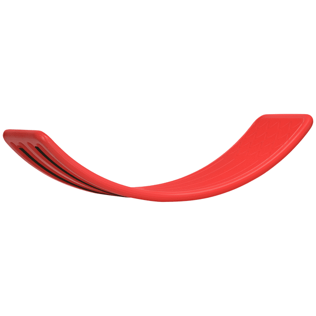 Qaba 32.3" Balance Board Wobble Board for kids aged 3-6 years, shown in a vibrant red colour. The curved design features a smooth surface with anti-slip strips on the bottom for safety. Made from durable PE material, it supports up to 110 lbs on the front side and 44 lbs on the reverse side. Suitable for various activities like rocking, balancing, or imaginative play as a bridge or boat. Dimensions are 32.3" L x 10.8" W x 7.7" H.