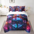 thumbnail image 2 of YST 3D Square Quilt with Flat Fitted Sheet Geometric Blocks Bed In A Bag 7 Piece King Neon Light Triangle Comforter Set Modern Urban Style Bedding Sets, 2 of 5