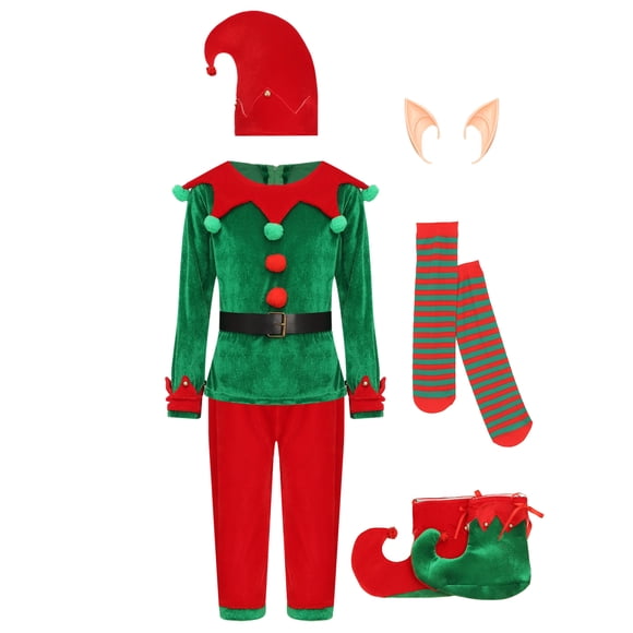 Mufeng Christmas Elf Outfits for Kids Velvet Shirt Pants with Elf Ears Hat Belt Striped Socks Shoes Xmas Festival Costume Green 110