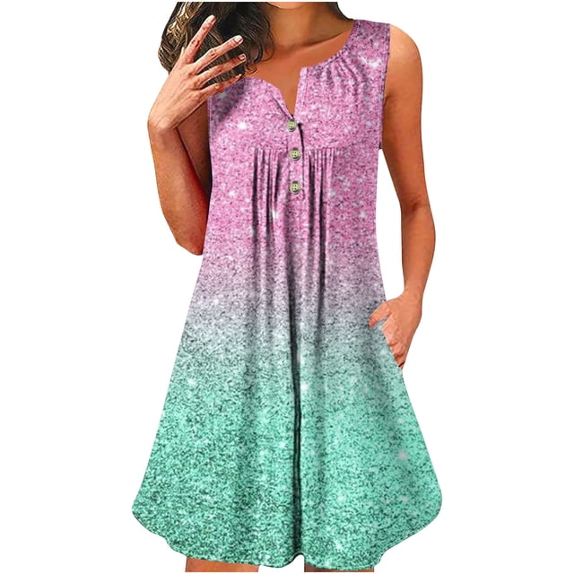 Mefallenssiah Women'S Sleeveless Round Neck Sparkling Print Button Pullover Dress