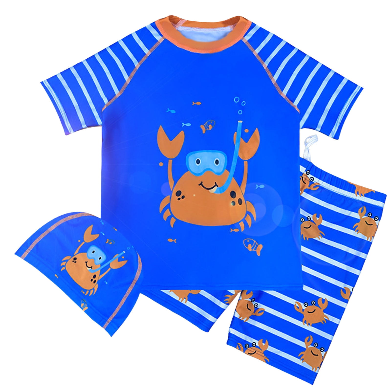 MIASHUI Boys Two Piece Rash Guard Swimsuits Kids Short Sleeve Swimwear Sets Bathing Suit with Sun Hat,Blue,4-5 Years
