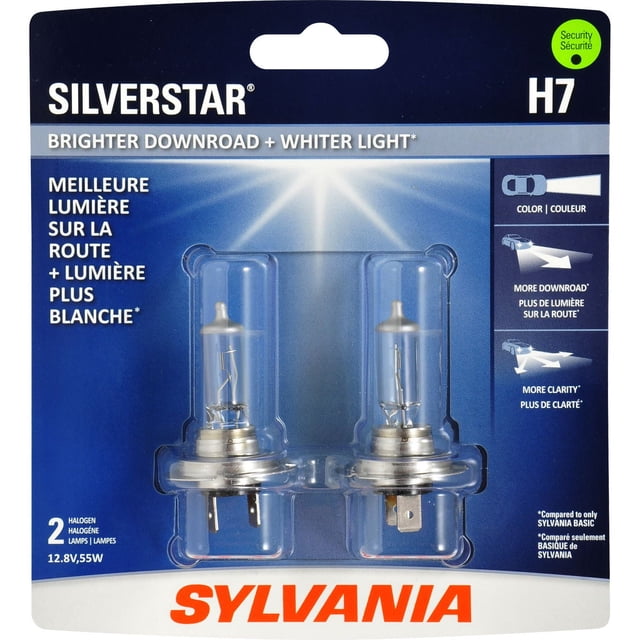 SYLVANIA H7 SilverStar halogen headlight bulbs in retail packaging showing two clear glass bulbs with metal bases, designed for brighter downroad and whiter light, 12.8V 55W, ideal for automotive exterior lighting, with bilingual English and French text on blue and white card backing.