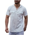 thumbnail image 2 of Pompotops Men's V-Neck Cotton Linen Shirt Double Pocket Workwear Shirt Solid Color Hooded Shirt on Sale, 2 of 8