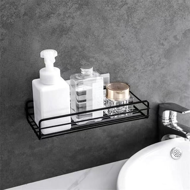 UsRHHA No Drill Bathroom Wall Shelf, Rectangular Metal Storage Rack Organizer, Multipurpose Adhesive Shelf for Shower Kitchen Toiletries Space Saving