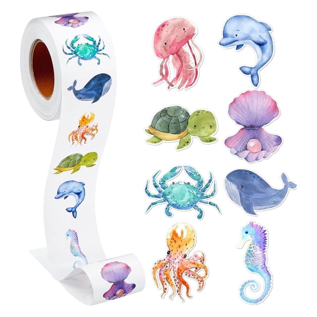Meitianfacai Sea Stickers 500pcs Kids Sticker Roll featuring 8 cute and colorful sea-themed patterns, including dolphins, turtles, crabs, and seashells. The roll displays stickers in a multicolour design, ideal for decorating water bottles, notebooks, and crafts. Each sticker measures approximately 2.5x2.5cm. Suitable as a gift for kids or for party favors.