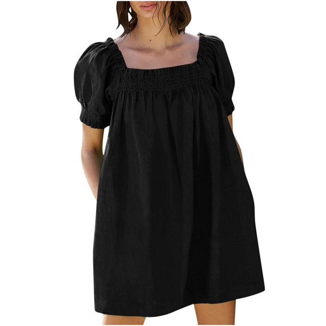 BEFOKA Robe pour Femme Grande Taille, Liquidation de Robes d'Été pour Femmes, Robe d'Été Mini pour Femme Robe de Plage Ligne A Décontractée Ample Robe Soleil avec Poches Plissée à Manches Courtes Col Évasé