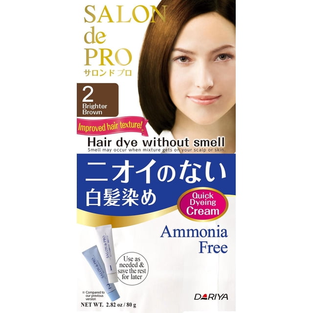 Dariya Salon de Pro Non Smell Hair Colour in 2 Brighter Brown, ammonia-free quick dyeing cream with improved hair texture, 80g tubes for semi-permanent hair colour, designed to minimize odor during application and suitable for touch-ups.