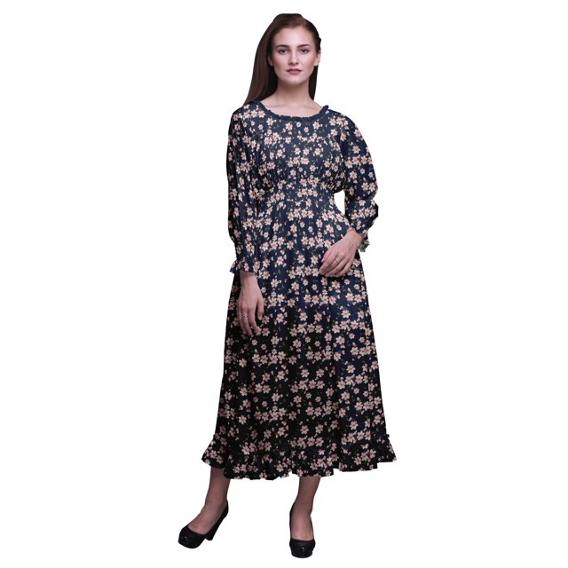 Bimba Robe Longue Décontractée à Volants pour Femmes, Imprimée, Taille Smockée, Medium