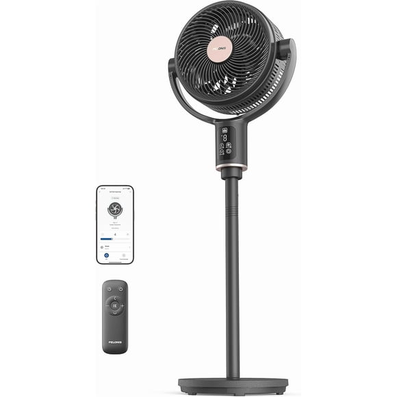 PELONIS Ventilateur sur Pied Intelligent, Moteur CC, Pales à Double Couche 9+7, OmniFlow Automatique 150°+135°, 20 dB, 9 Vitesses, Wi‐Fi App/Alexa/Google, Télécommande, Minuterie 9 H