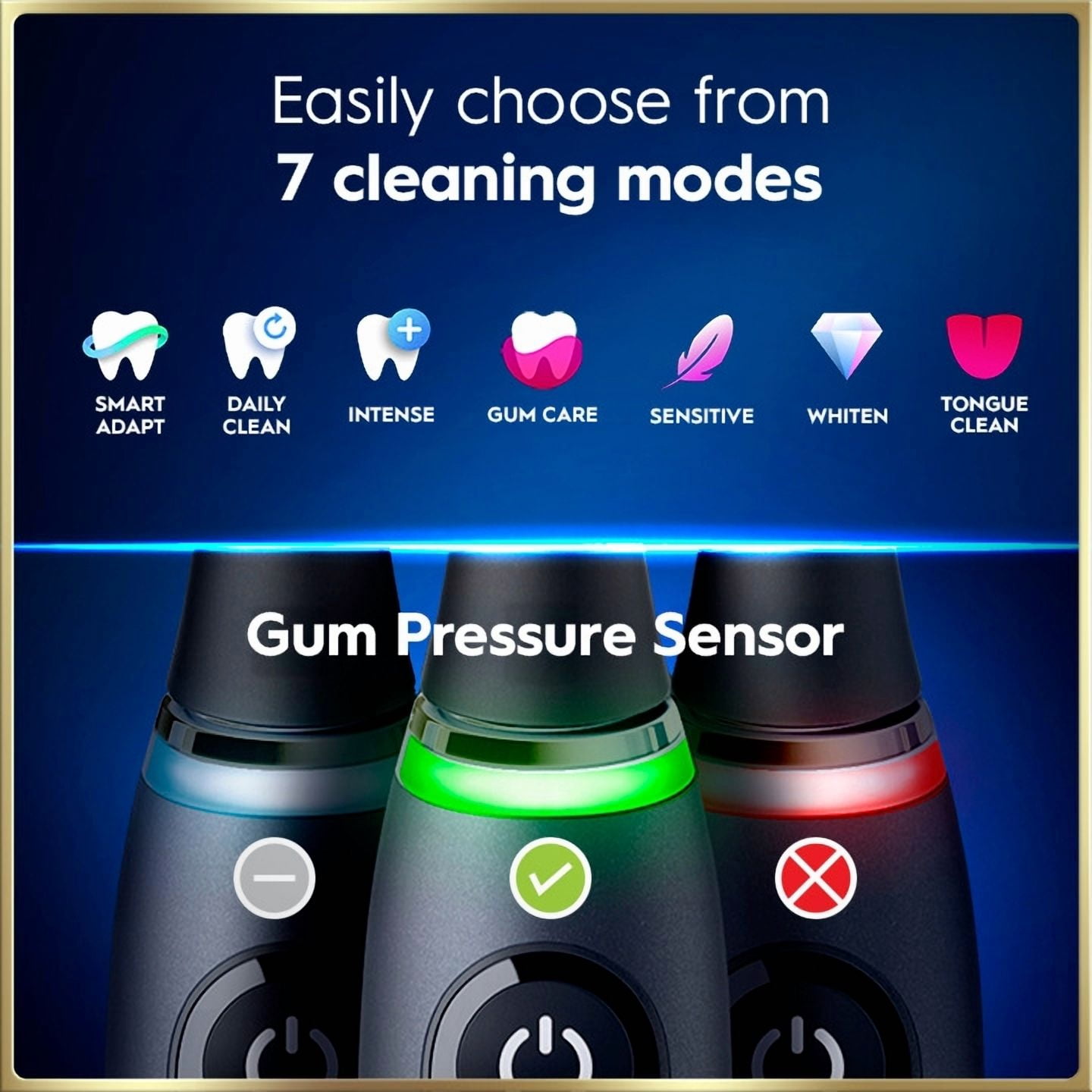 Brosse à dents électrique rechargeable Oral-B, iO9 Genius, 7 modes de nettoyage, écran interactif, étui de voyage avec chargeur intégré, détecteur de pression visible, 4 brossettes, bleu saphir