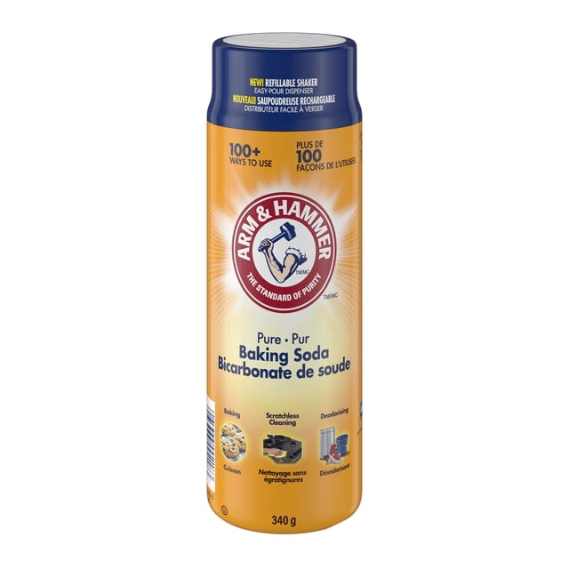 Arm & Hammer Shaker de Bicarbonate de Soude, Distributeur Rechargeable Double Face de 340 g à Versement Facile en Bleu et orange, Conçu pour la Cuisson, le Nettoyage et la Désodorisation avec Plus de 100 Usages, Doté d'Un Contenant Refermable et Résistant à l'Humidité Idéal pour le Rangement de la Cuisine et de la Salle de Bain.