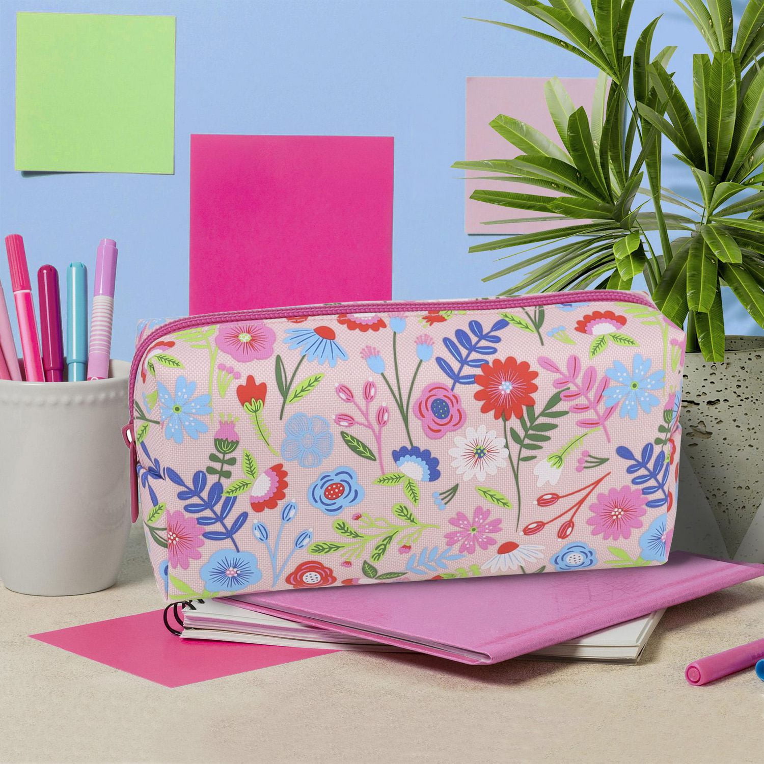 Pen + Gear Sweet Floral Pencil Pouch in Pink with Bright Multi-colour Flowers