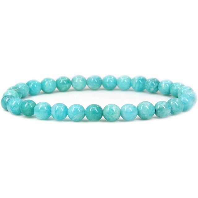 Bracelet Extensible en Perles Rondes de 6 mm en Pierre Précieuse d'Amazonite Brésilienne Naturelle, 7 Pouces, design Unisexe. Comprend des Perles Rondes Polies en Diverses Nuances de Bleu-Vert, Mettant en Valeur les Motifs Uniques de l'Amazonite Naturelle. Fait à la Main, Sans Métal, et Convient aux Peaux Sensibles. Comprend une Pochette de Rangement.