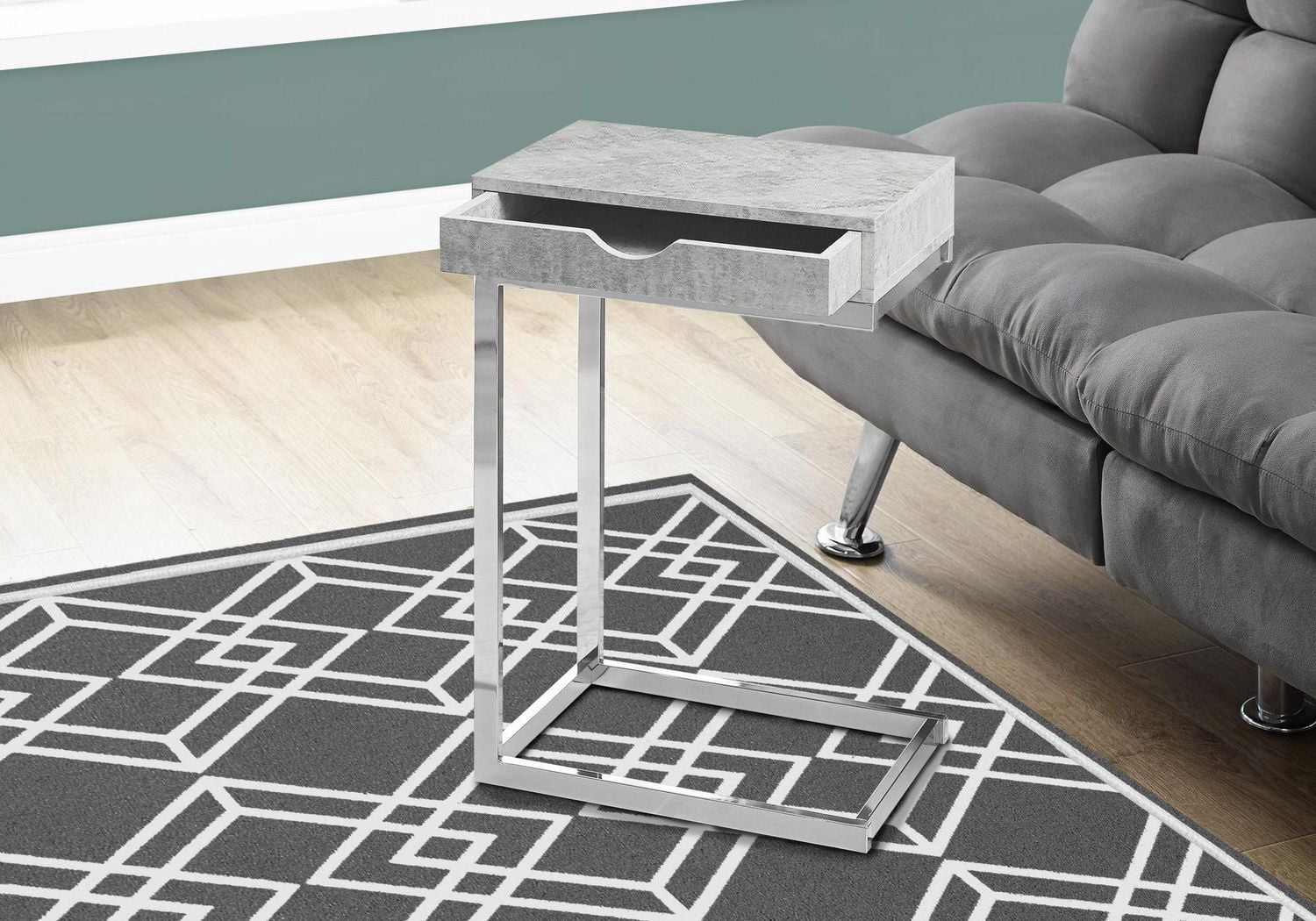 Monarch Specialties Table D'appoint, En Forme De C, Bout, Coté, Collation, Tiroir De Rangement, Salon, Chambre À Coucher, Stratifié Gris, Métal Chromé, Contemporain, Moderne